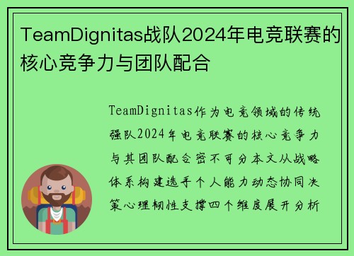 TeamDignitas战队2024年电竞联赛的核心竞争力与团队配合